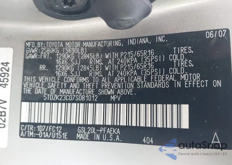 2007 Toyota Sienna Le из США, поврежденный, VIN 5TDZK23C07S081012